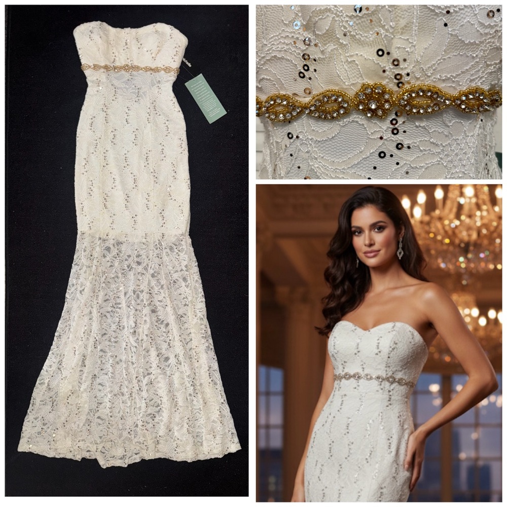 NWT- My Michelle Strapless Formal Lace Long Ivory  Dress